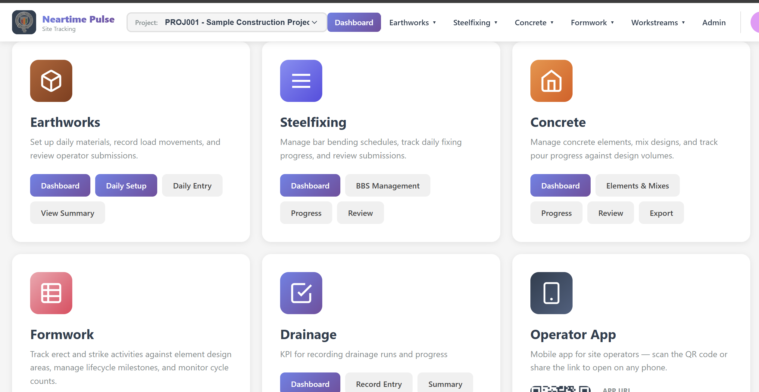 Neartime Pulse dashboard showing workstream modules