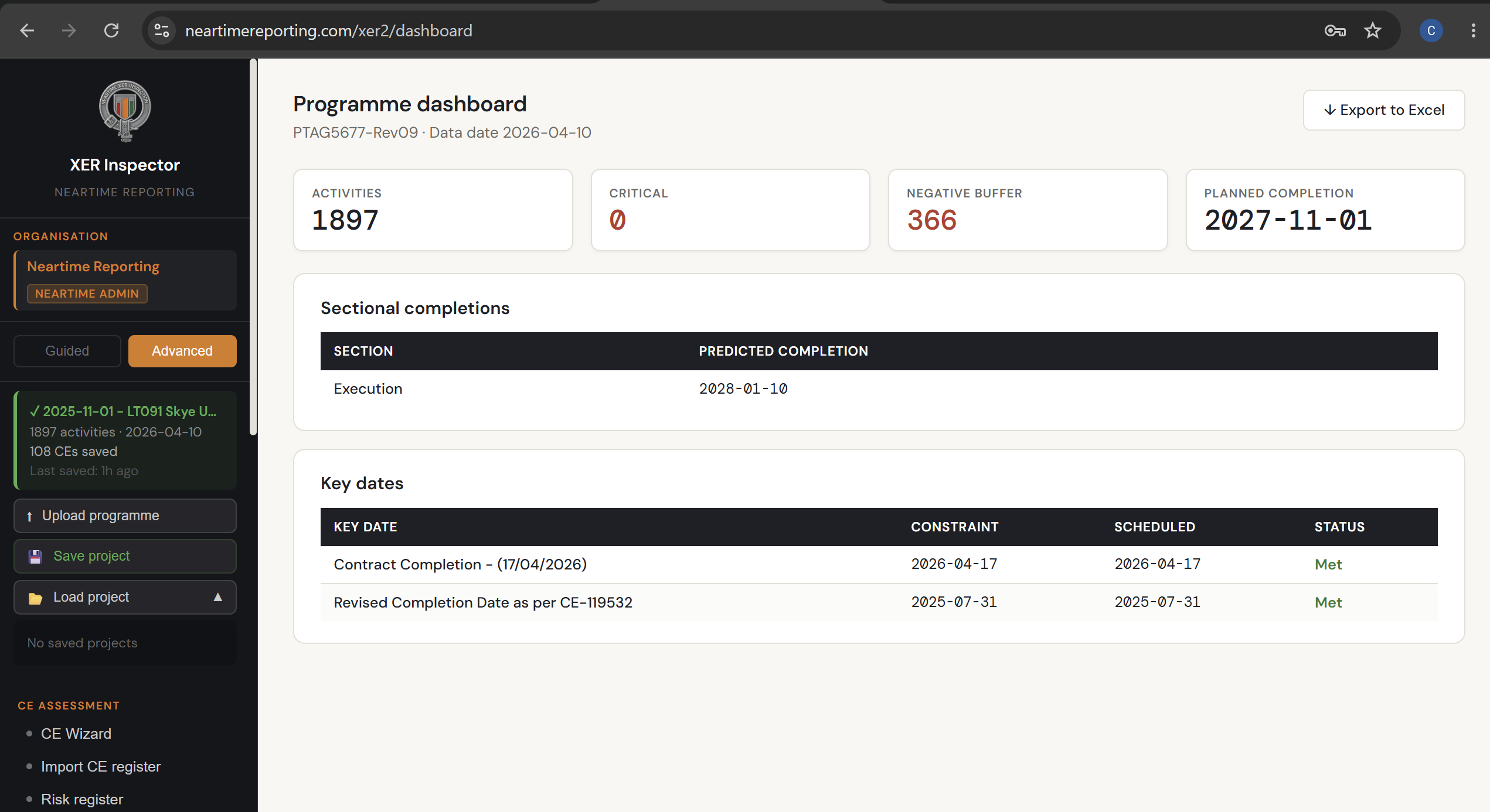 XER Inspector programme dashboard